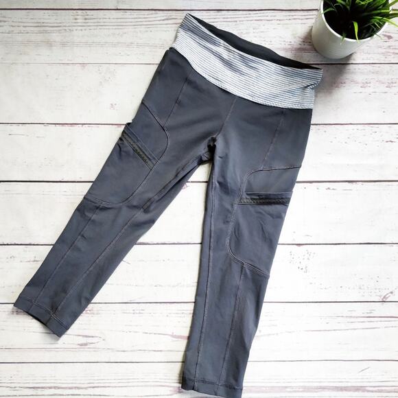 LULULEMON Grey Pocket Crop Run Leggings Contrast Waistband 4 - Picture 1 of 7